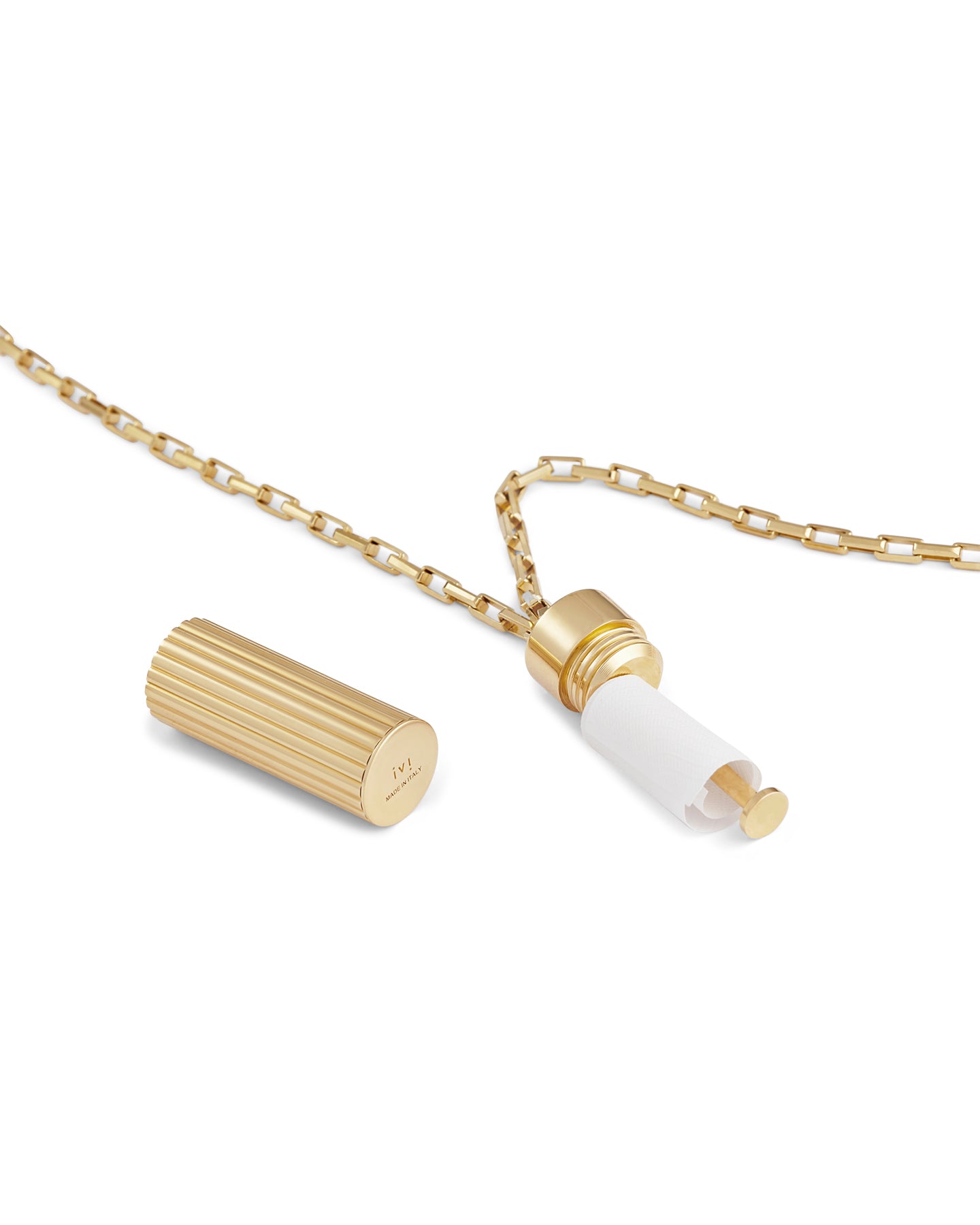 Gold pendant necklace with a ridged cylindrical charm, shown open to reveal a hidden paper insert on a gold chain.