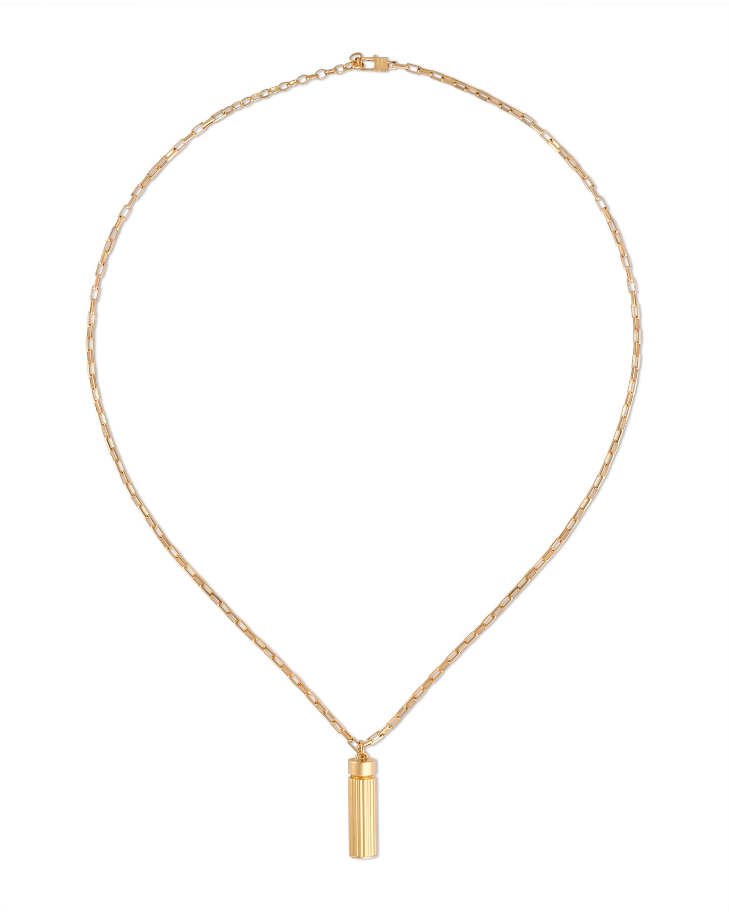 Gold necklace with a cylindrical pendant on a white background