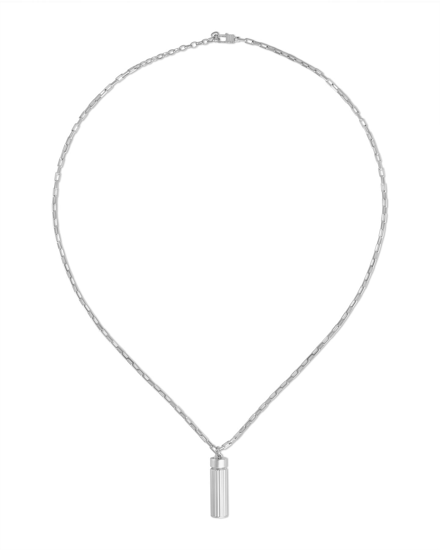 Silver necklace with a cylindrical pendant on a white background