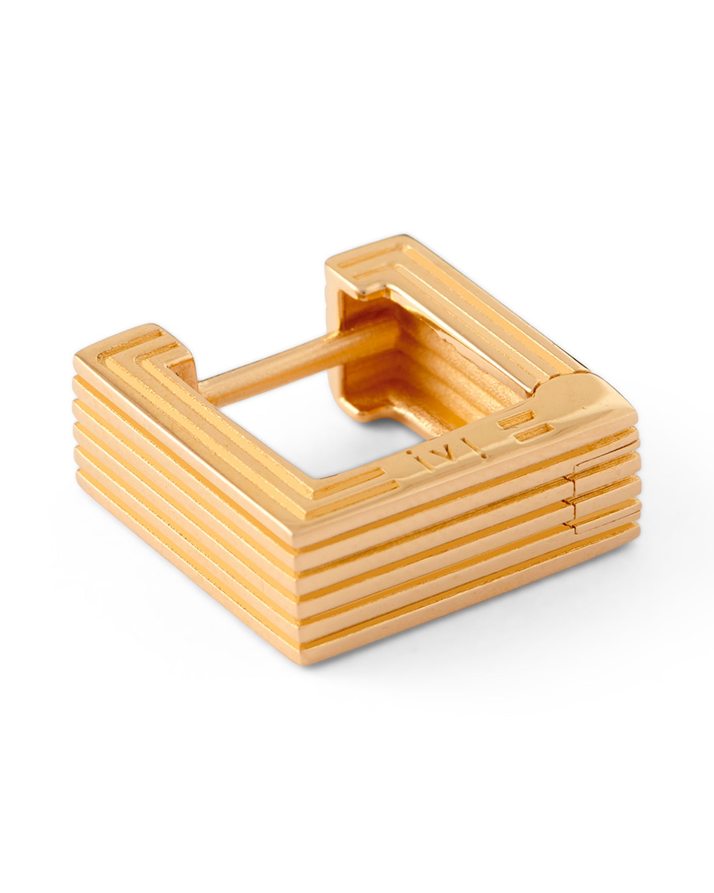 A gold-plated Mini Aurelia sculptural square hoop earring on a white background.