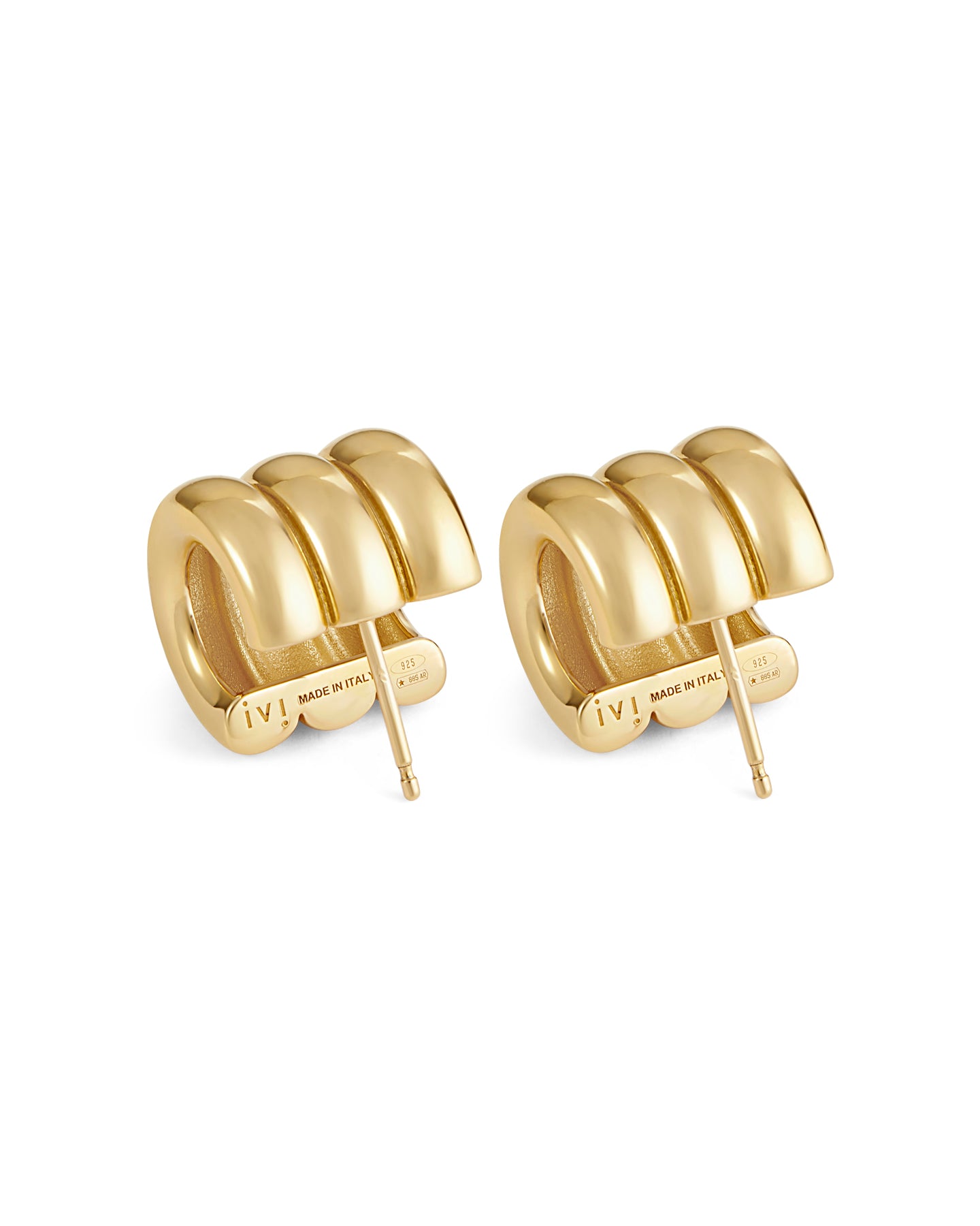 Pair of gold-plated Mini Gaia sculptural hoop earrings on a white background.