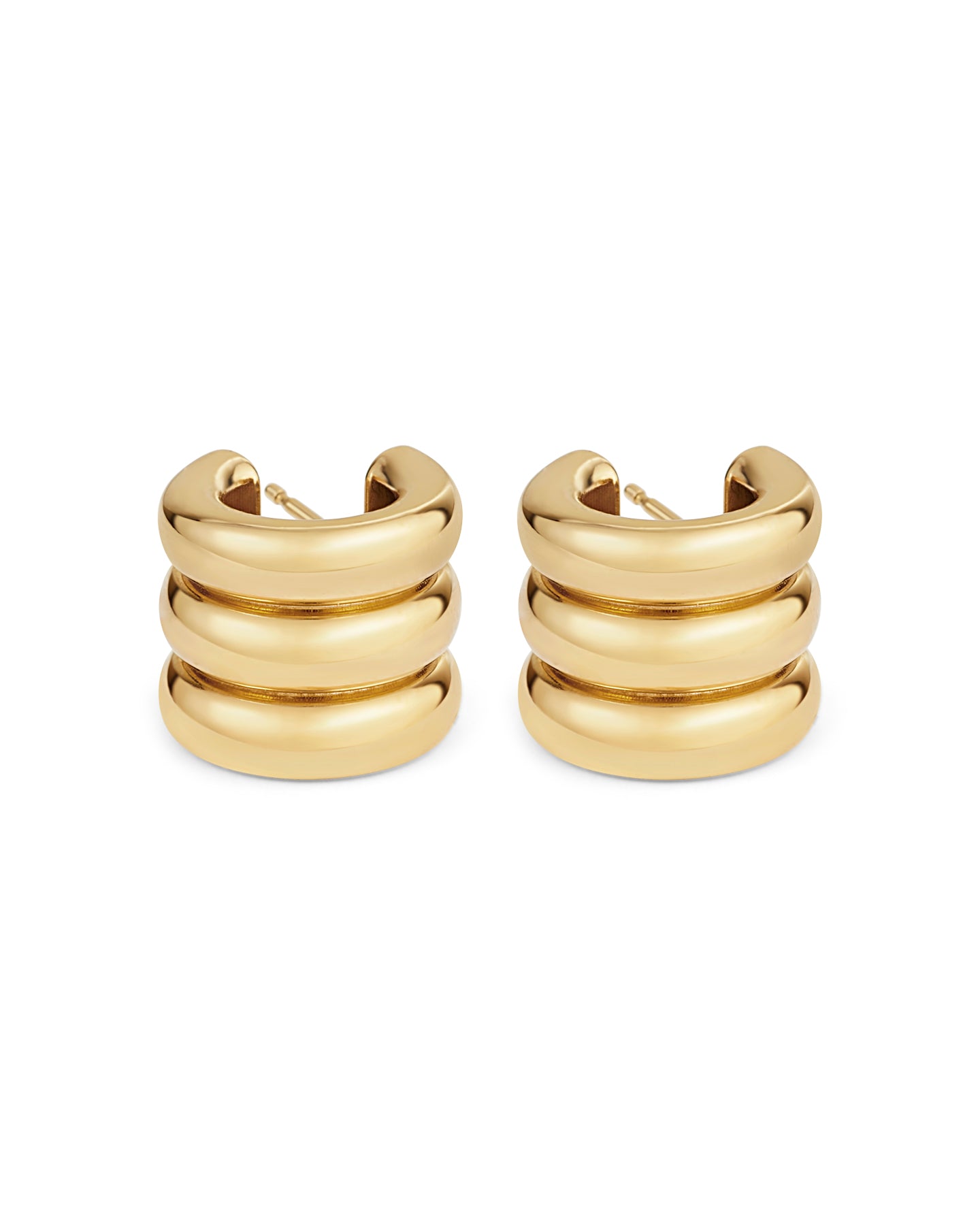 Pair of gold-plated Mini Gaia sculptural hoop earrings on a white background.