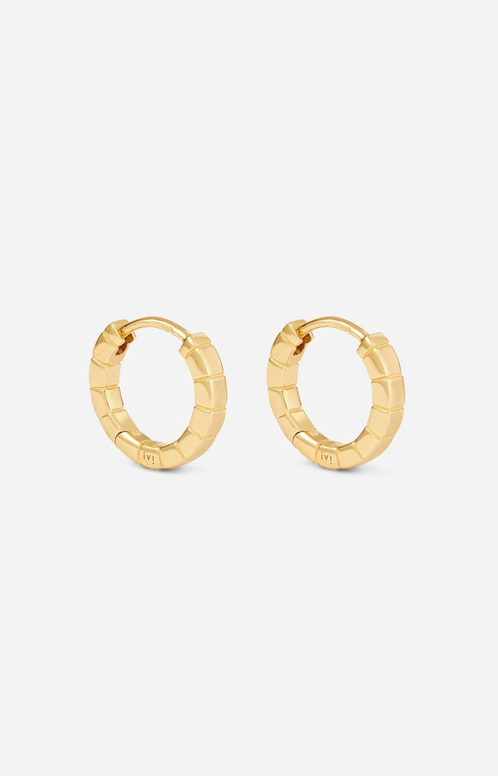 A pair of mini gold-plated Signore hoop earrings with a textured design, resembling a curving row of square beads.