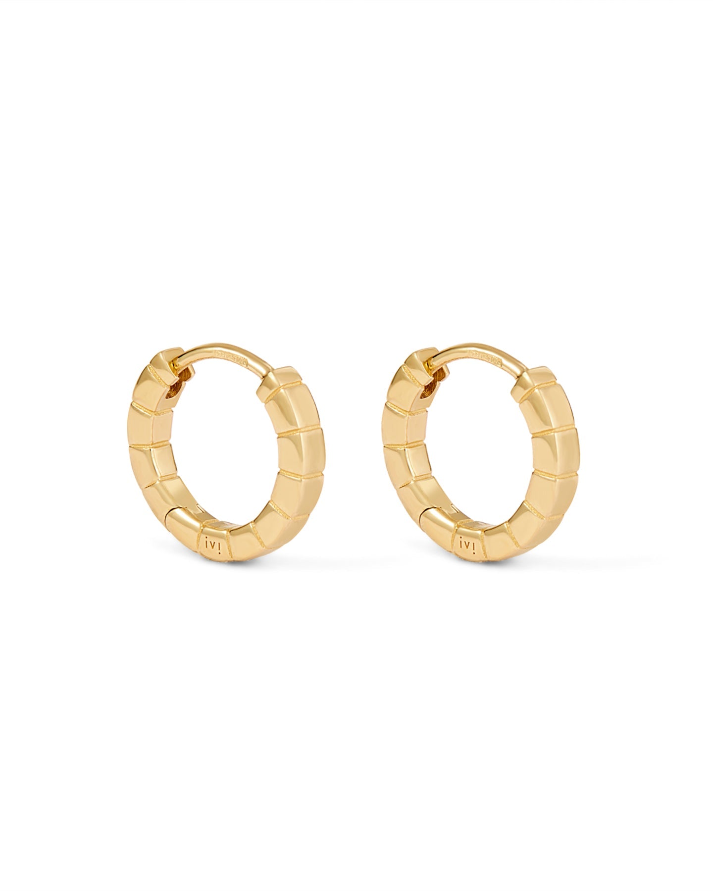 A pair of mini gold-plated Signore hoop earrings with a textured design, resembling a curving row of square beads.