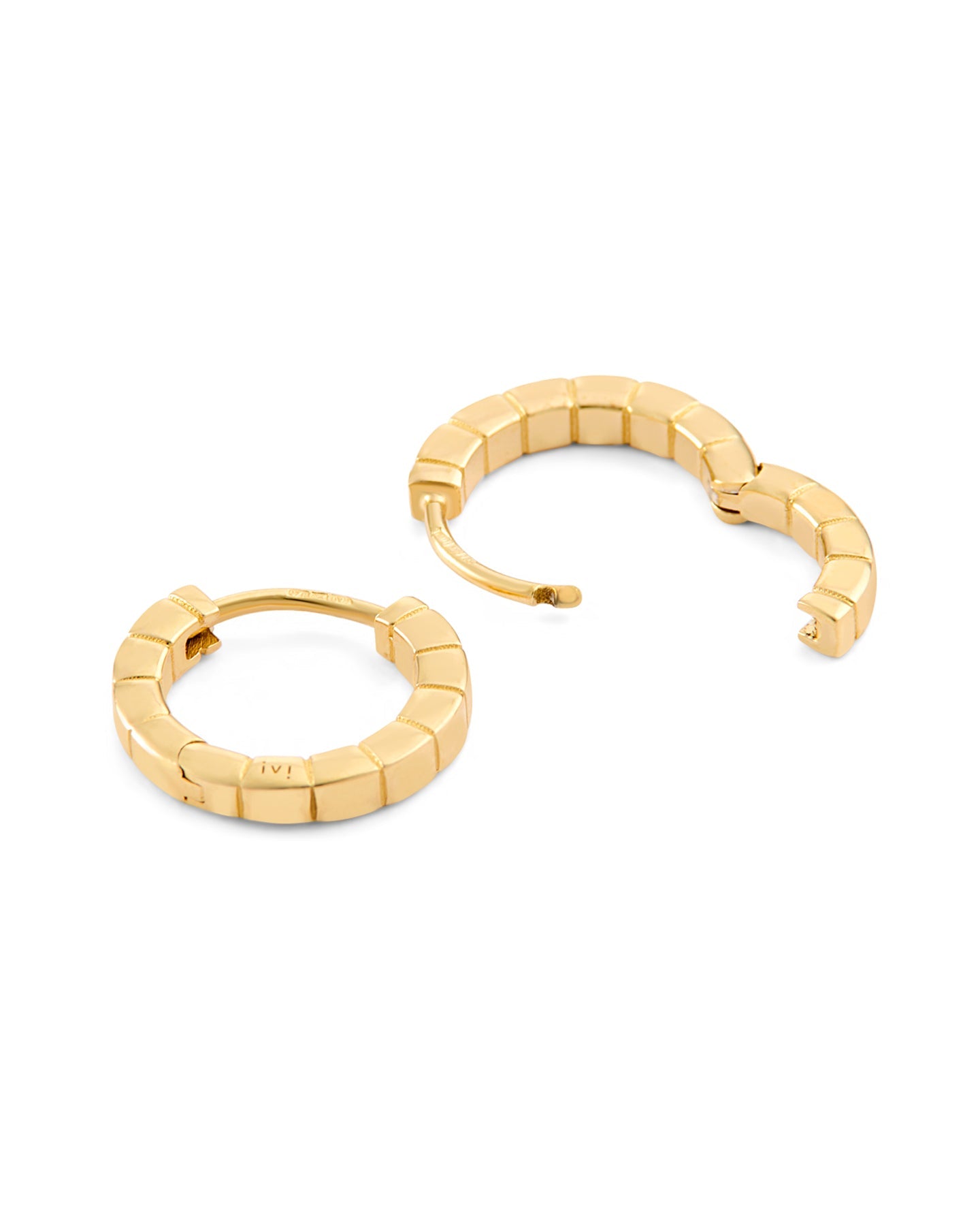 A pair of mini gold-plated Signore hoop earrings with a textured design, resembling a curving row of square beads.