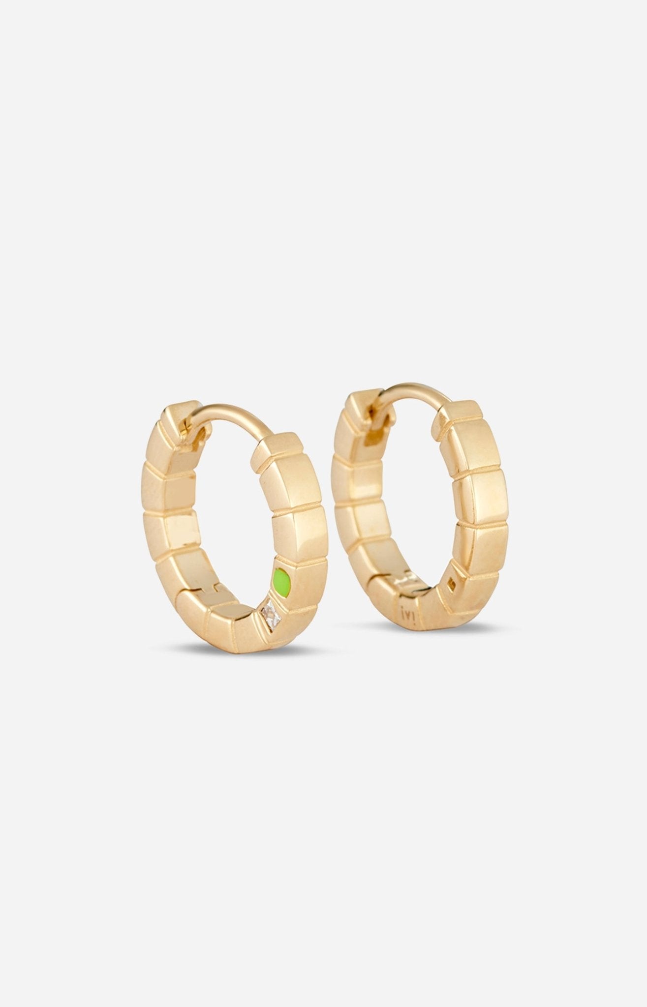 Pair of gold-plated Mini Signore hoop earrings with green enamel and diamond detail on a white background.