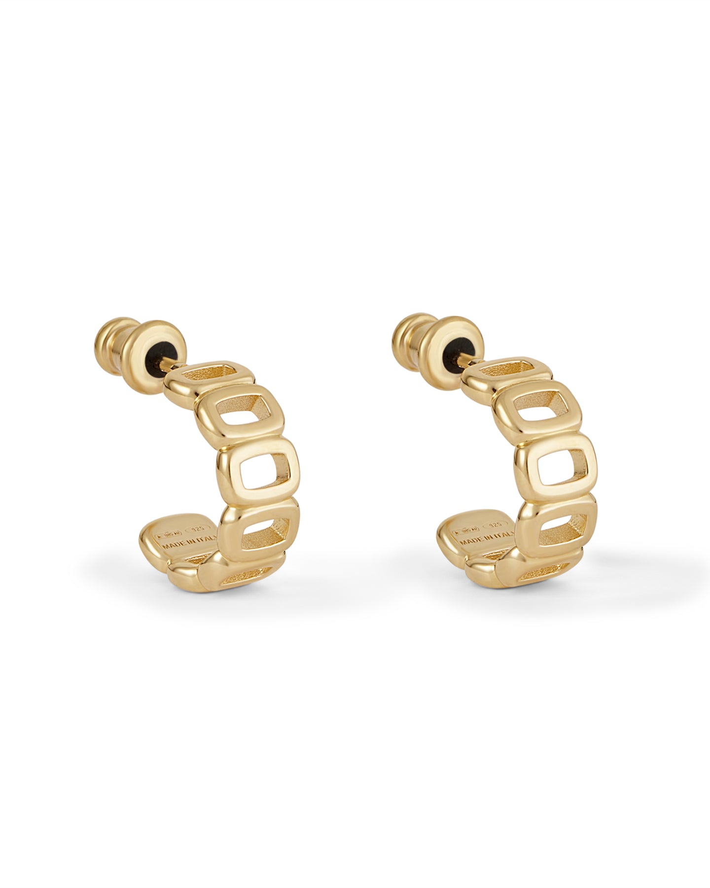 A pair of gold-plated mini toy hoop earrings with oval links. 