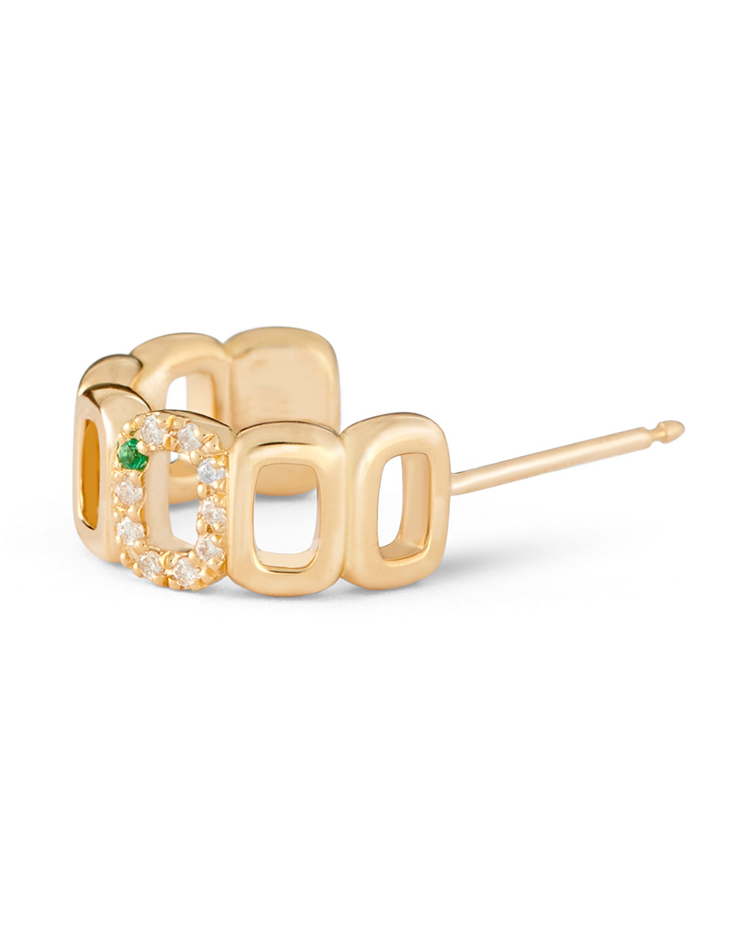 A mini toy hoop earring crafted from 18-karat gold, featuring oval links adorned with diamonds and an emerald.