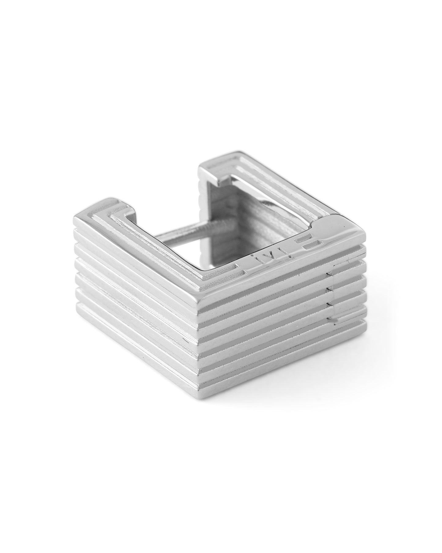 A rhodium-plated Mini Wide Aurelia sculptural square hoop earring on a white background.