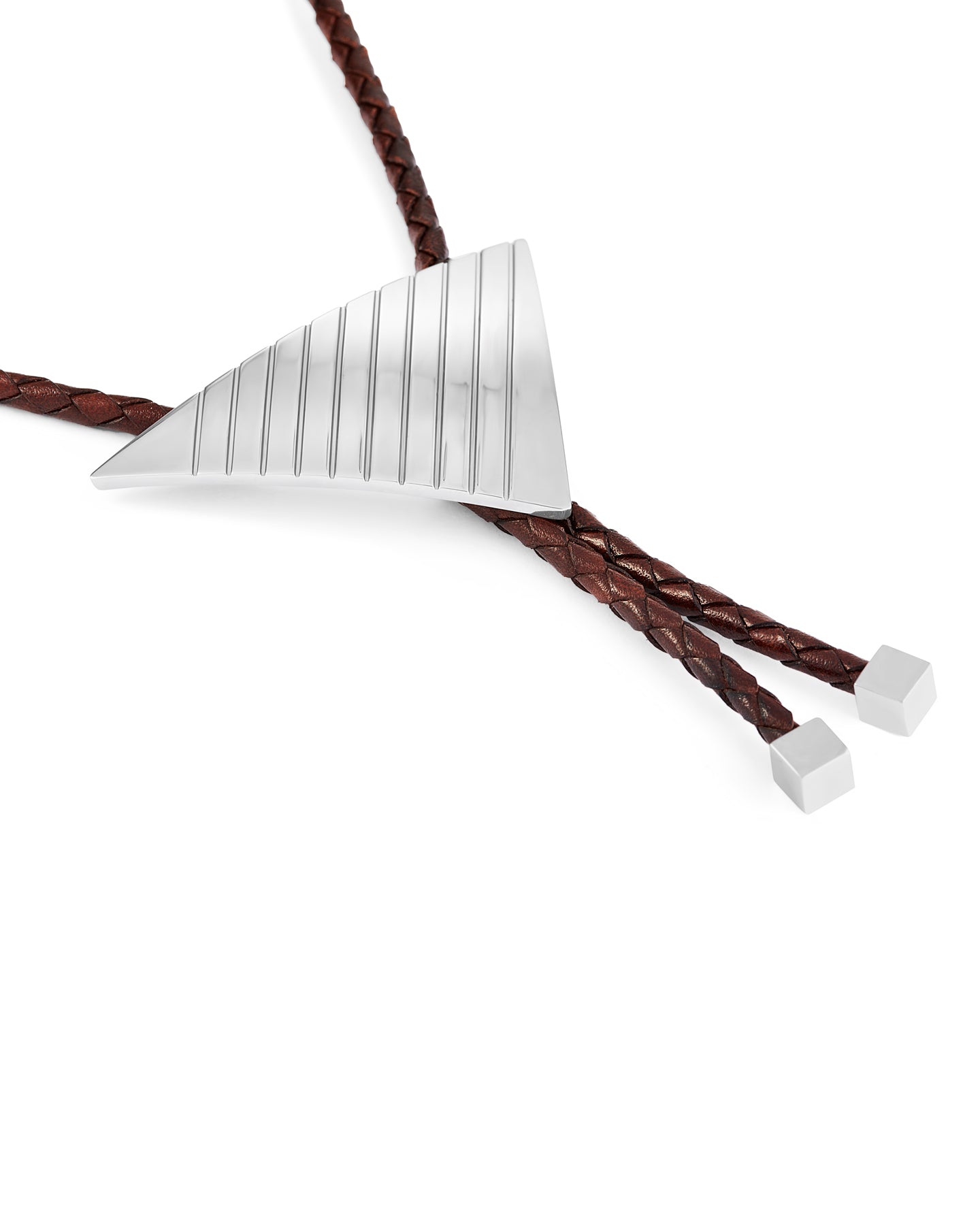Silver bolo tie with braided brown cord on a white background