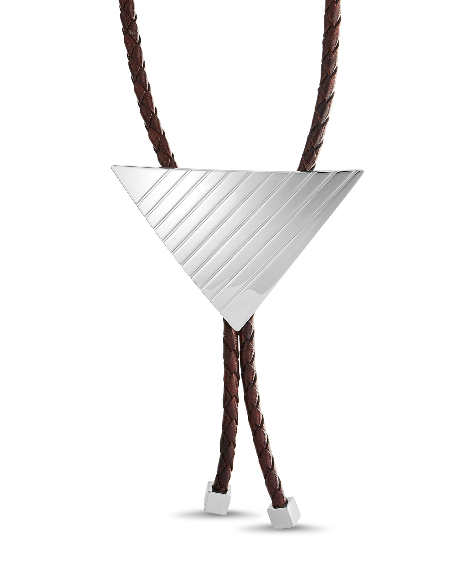 Triangular silver pendant on a brown braided cord against a white background