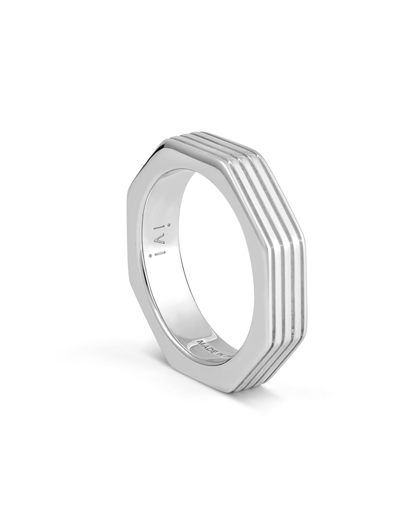 Hexagonal rhodium-plated ring on a white background