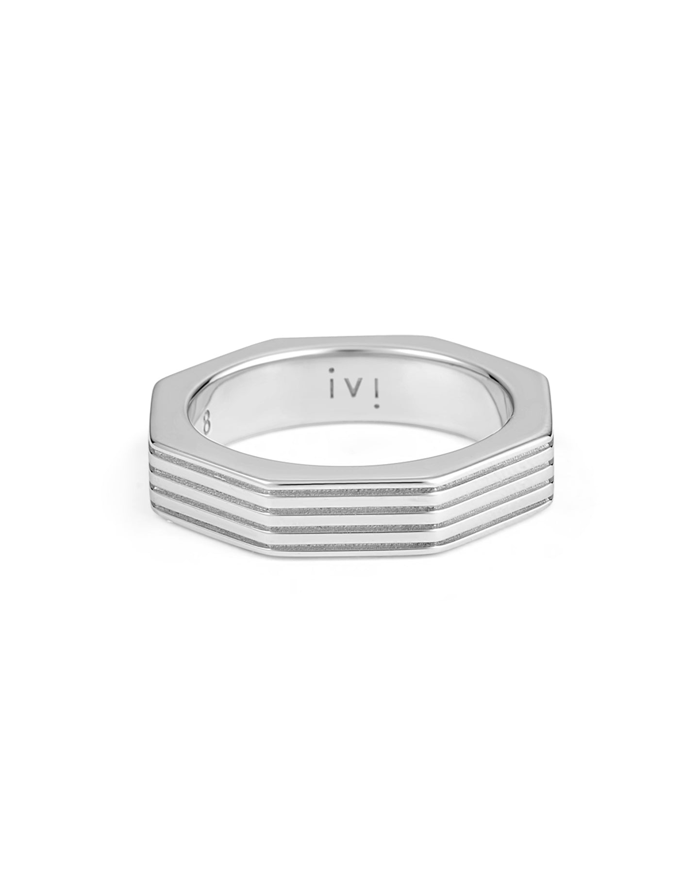 Hexagonal rhodium-plated ring on a white background