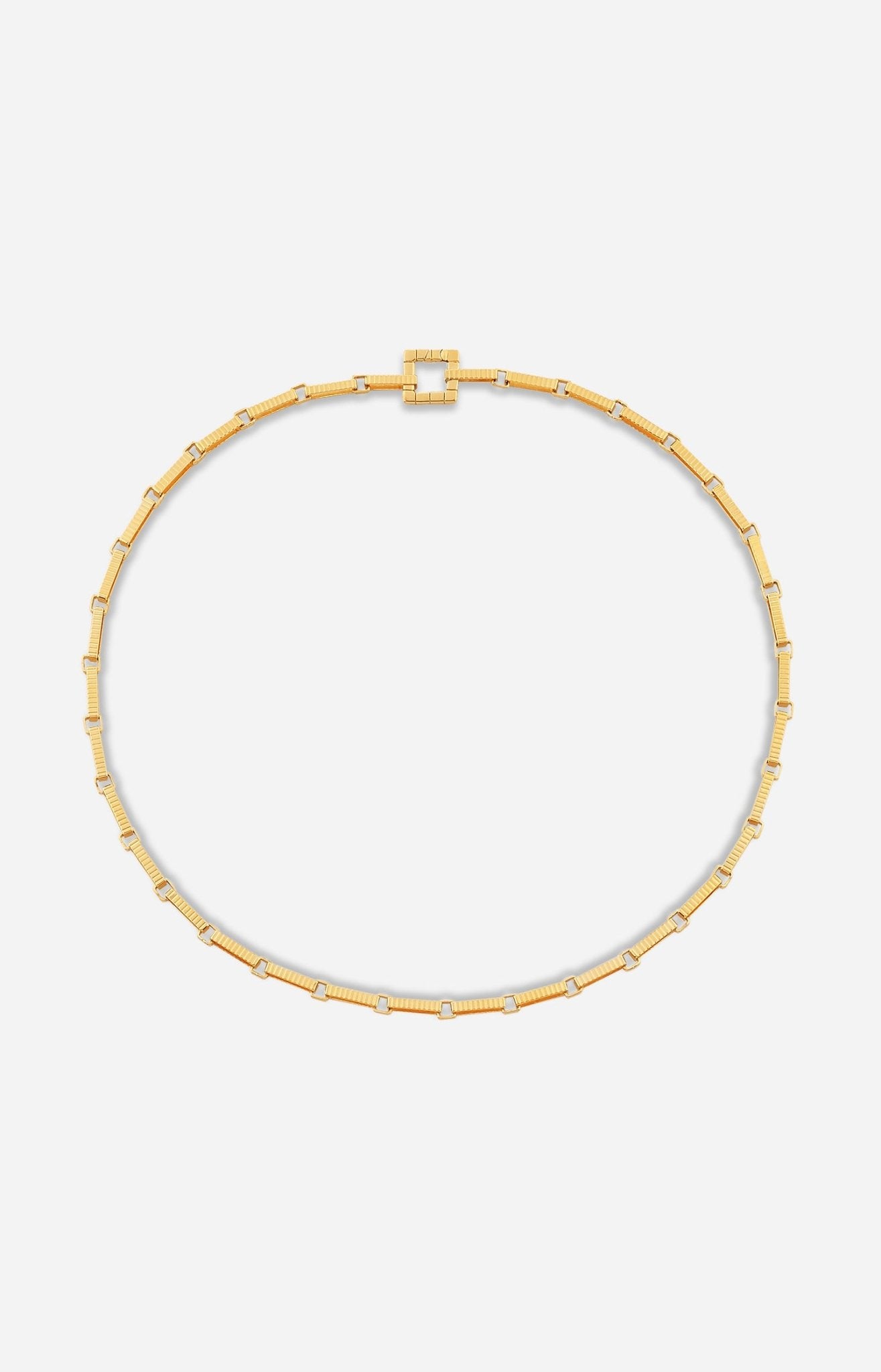 Gold-plated Signora Chain choker necklace with rectangular links and a signature square clasp, displayed on a white background.