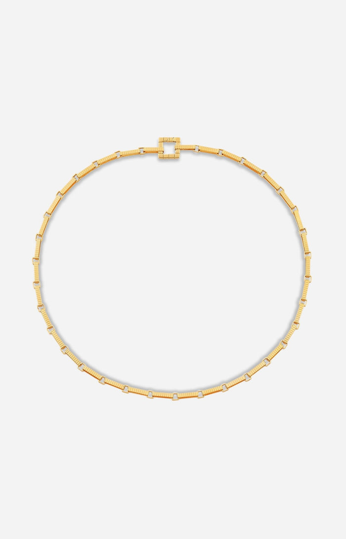 Gold-plated Signora Chain choker necklace with rectangular links and a signature square clasp, displayed on a white background.