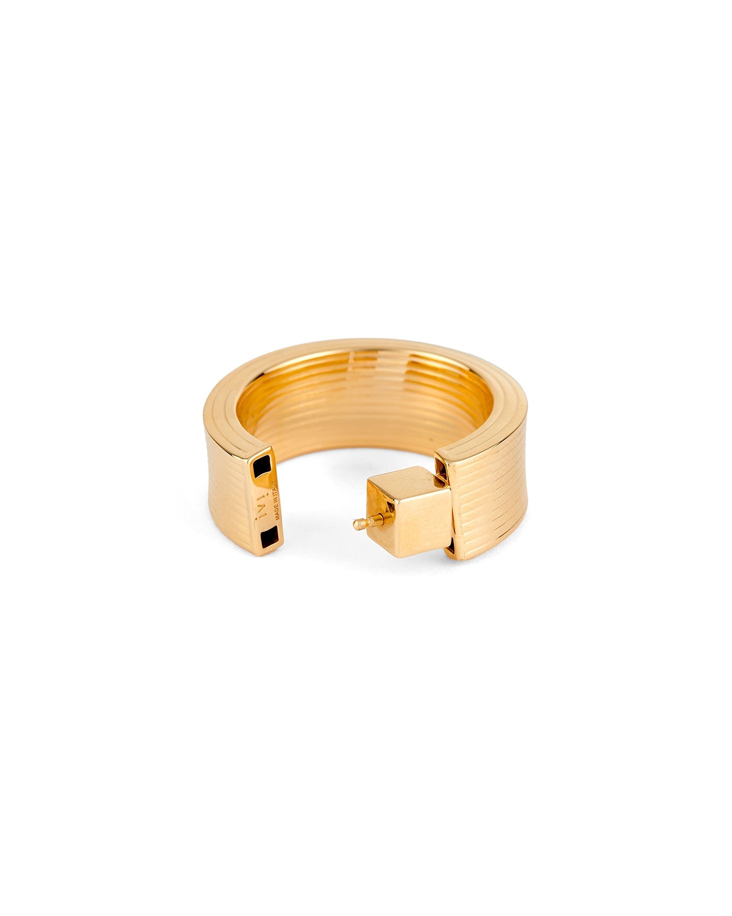 A gold-plated hollow hoop earring with a square post, displayed on a white background.
