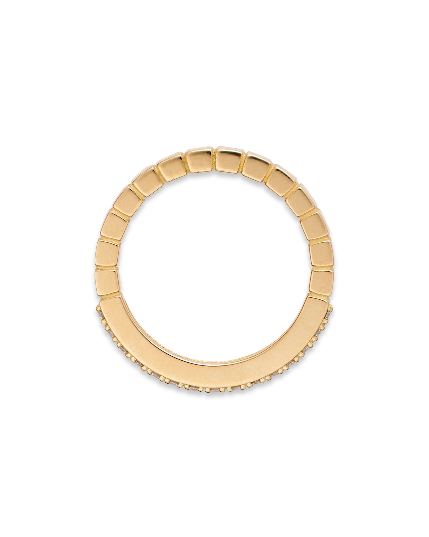 An 18-karat gold band ring with round-cut diamonds set on a white background.