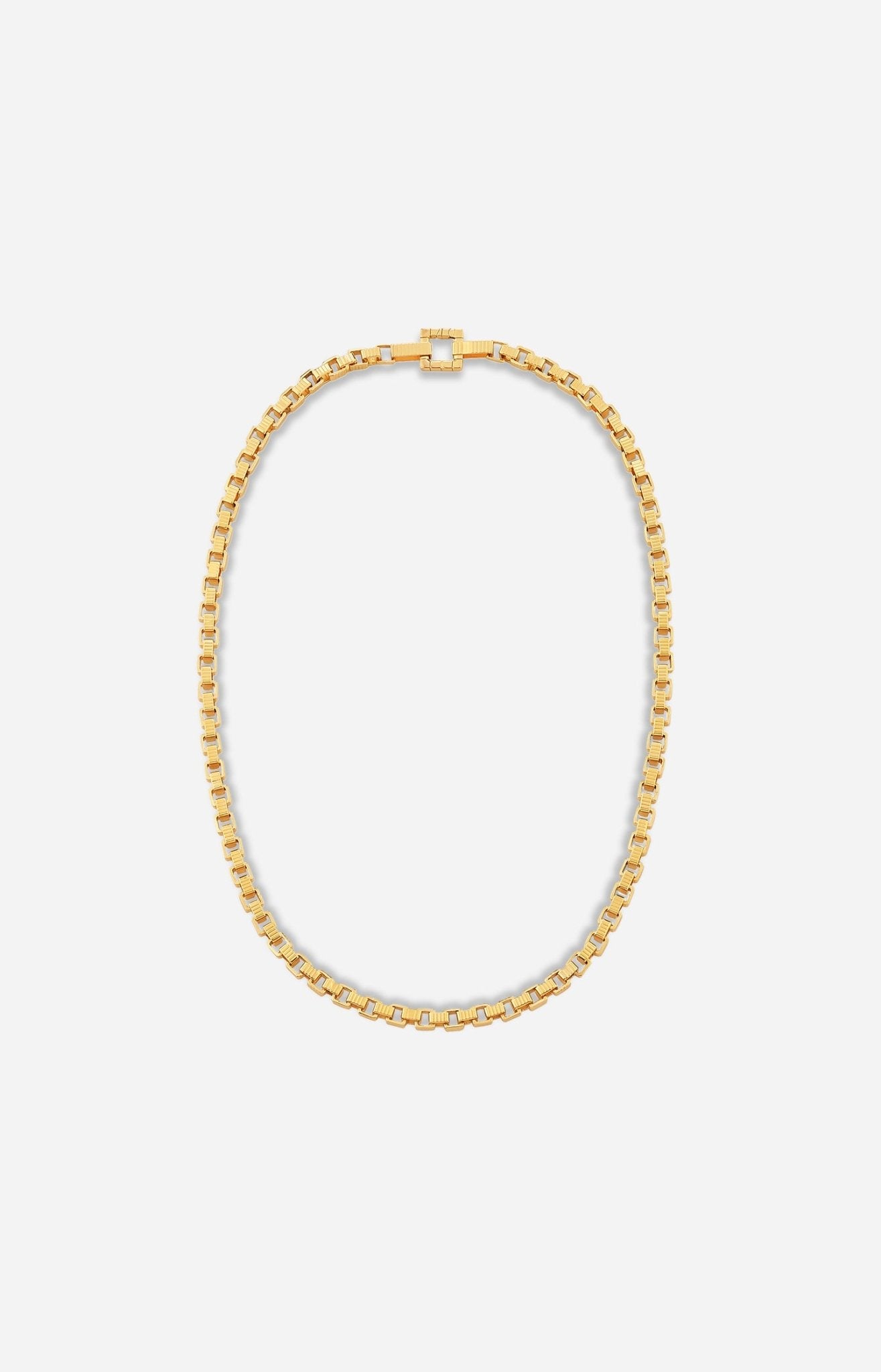 A gold-plated chain necklace with a square clasp, displayed on a white background.