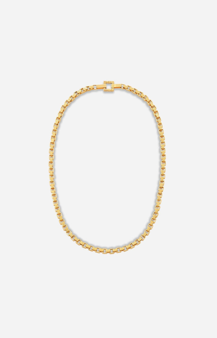A gold-plated chain necklace with a square clasp, displayed on a white background.