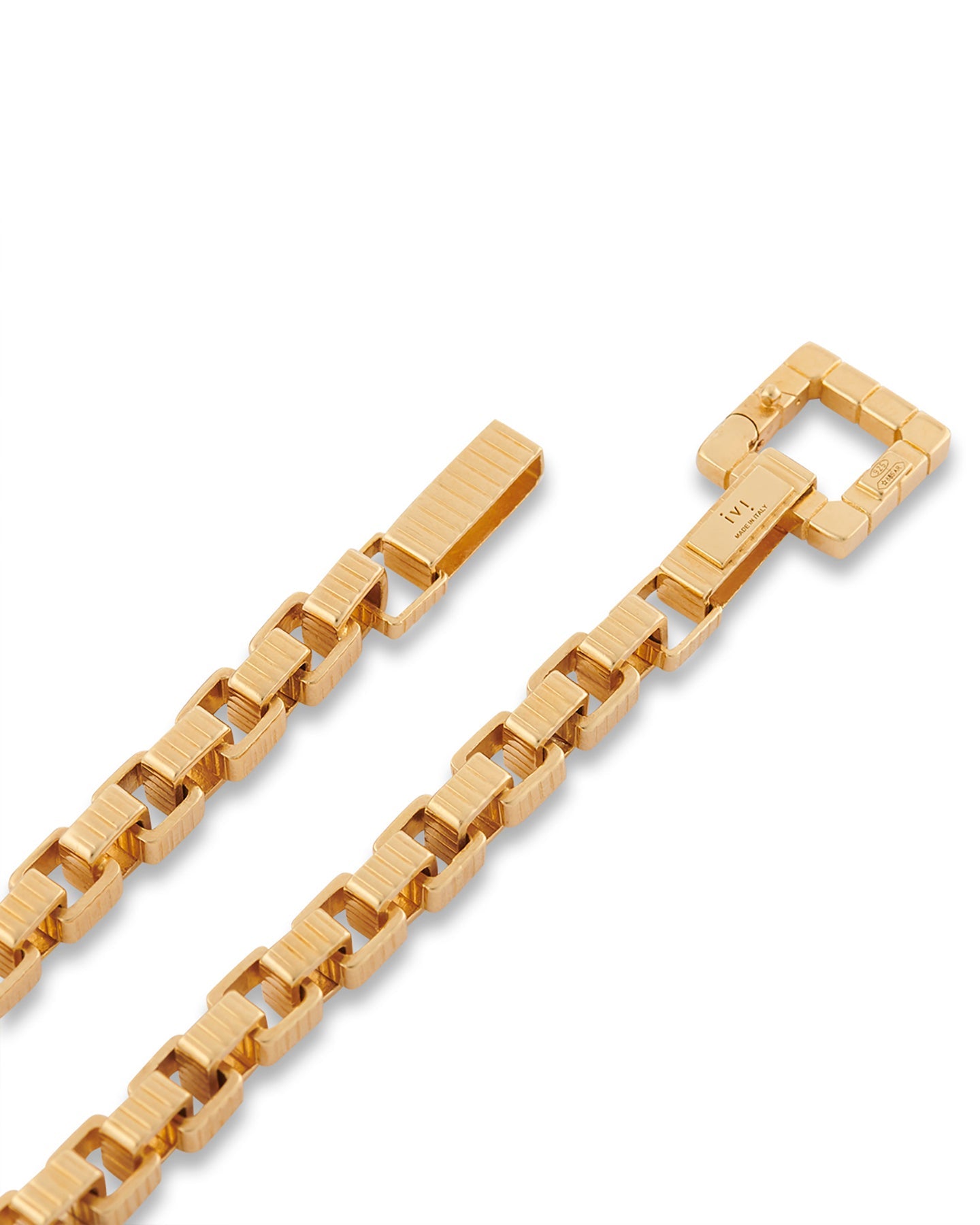 A close up of a gold-plated chain necklace with a square clasp, displayed on a white background.