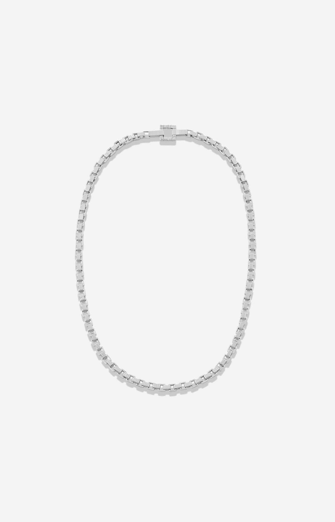 A rhodium-plated chain princess necklace with a square clasp, laid out on a white background.