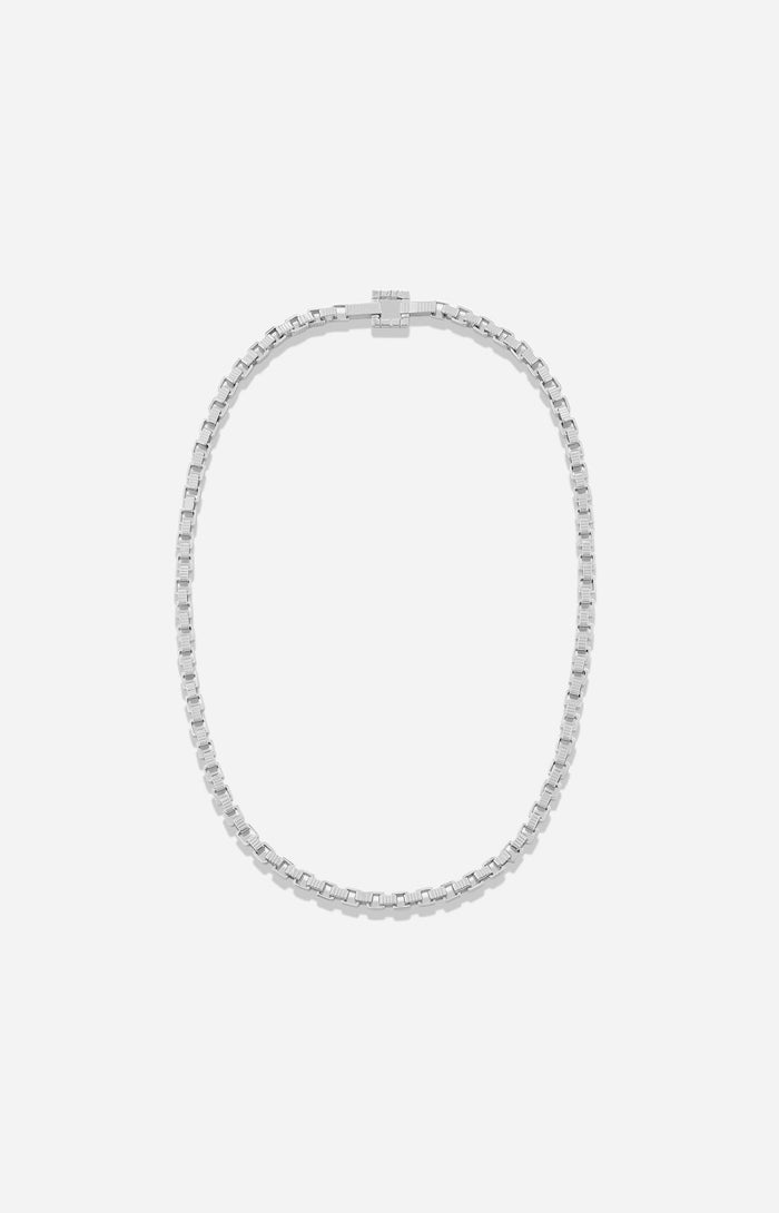 A rhodium-plated chain princess necklace with a square clasp, laid out on a white background.