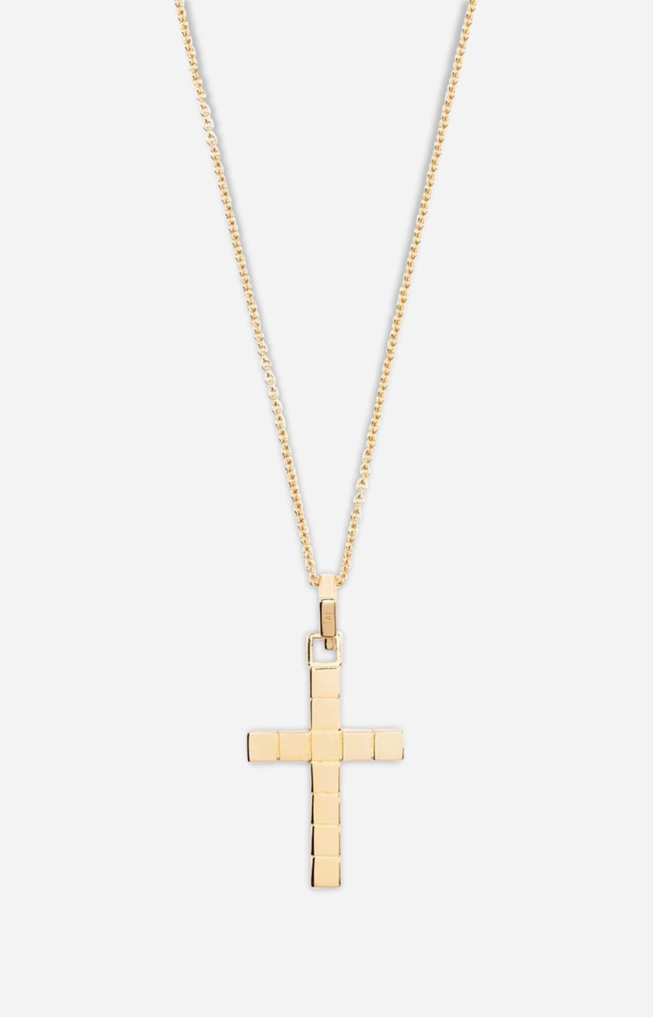A gold-plated cross necklace with a custom chain against a white background. 