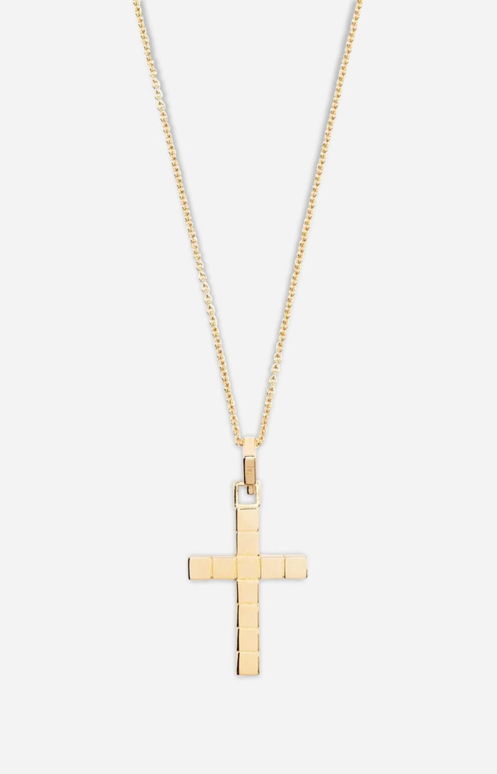 A gold-plated cross necklace with a custom chain against a white background. 