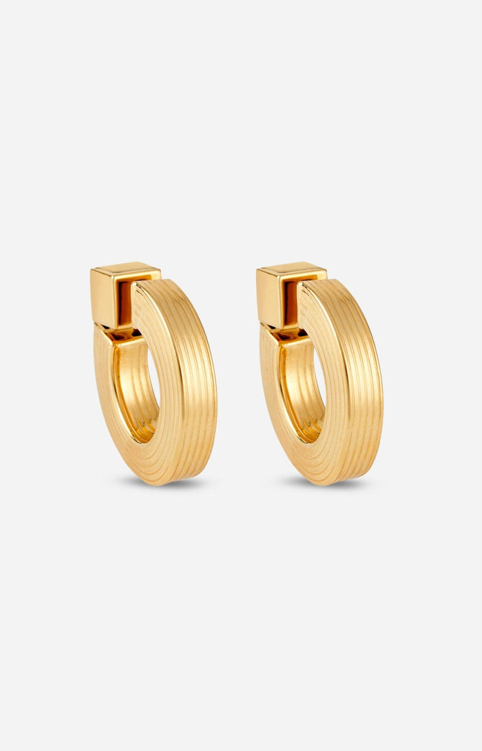 A pair of gold-plated hollow hoop earrings with a square post.