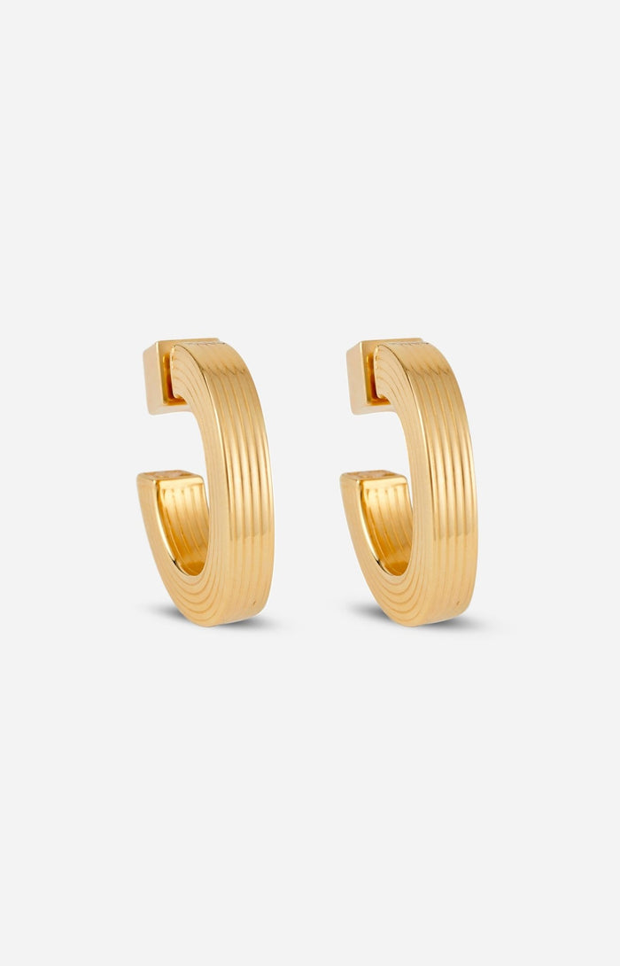 A pair of gold-plated hoop earrings with a square post, displayed against a white background.