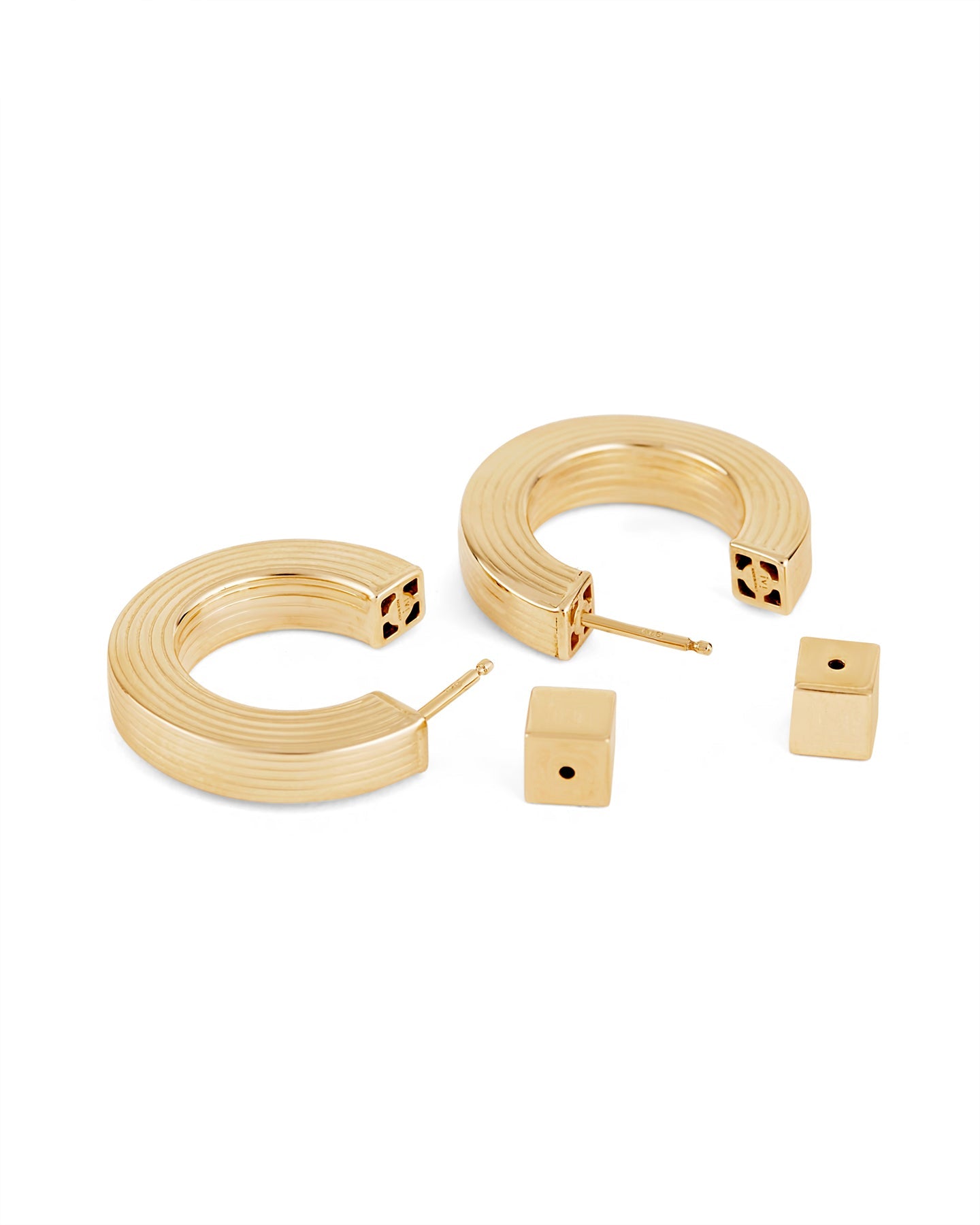 A pair of gold-plated hoop earrings with a square post, displayed against a white background.