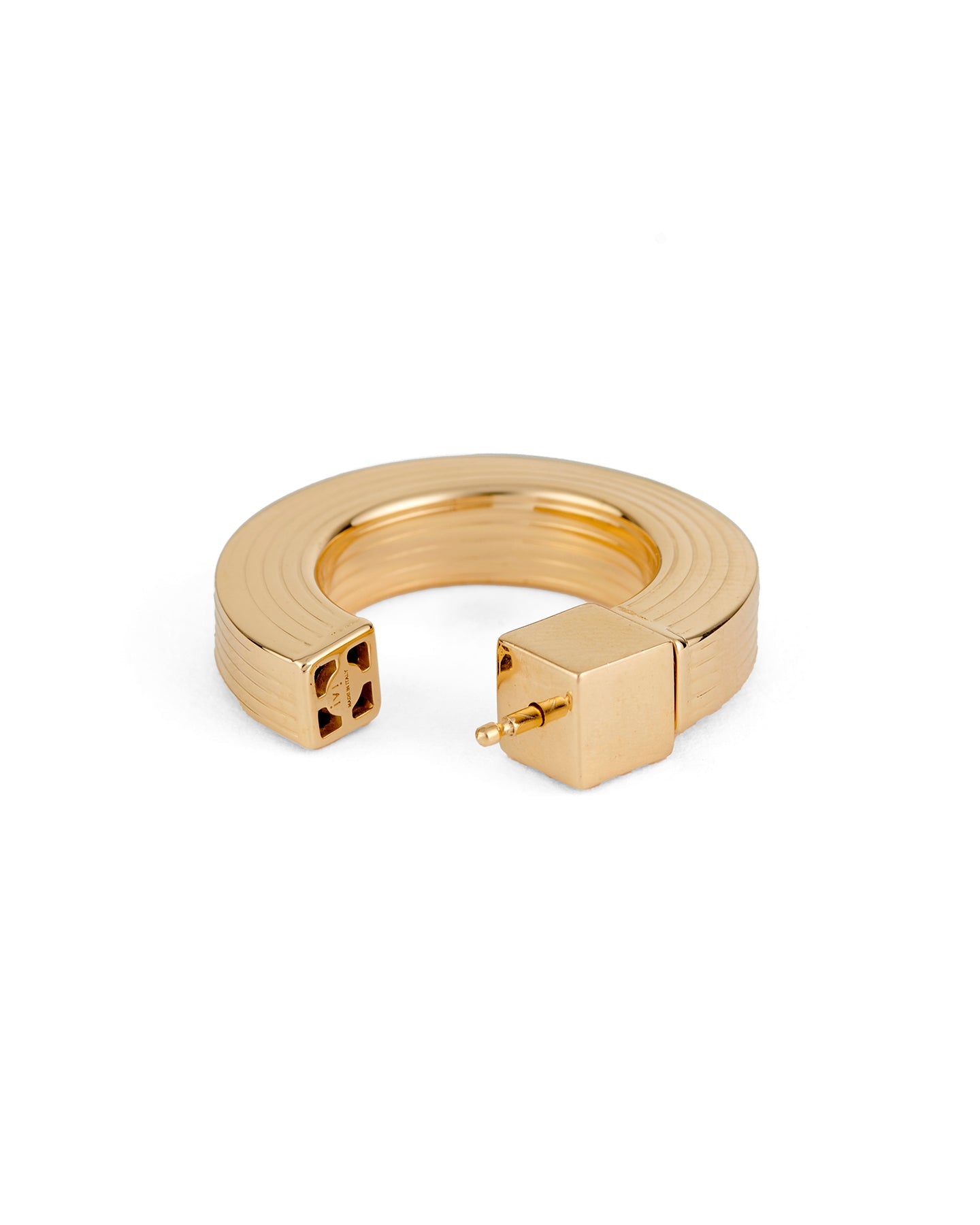 A gold-plated hoop earring with a square post, displayed against a white background.