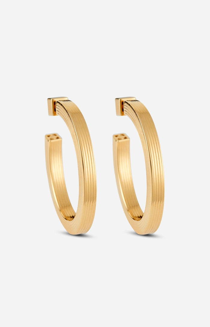 A pair of gold-plated hoop earrings with a square post, displayed against a white background.