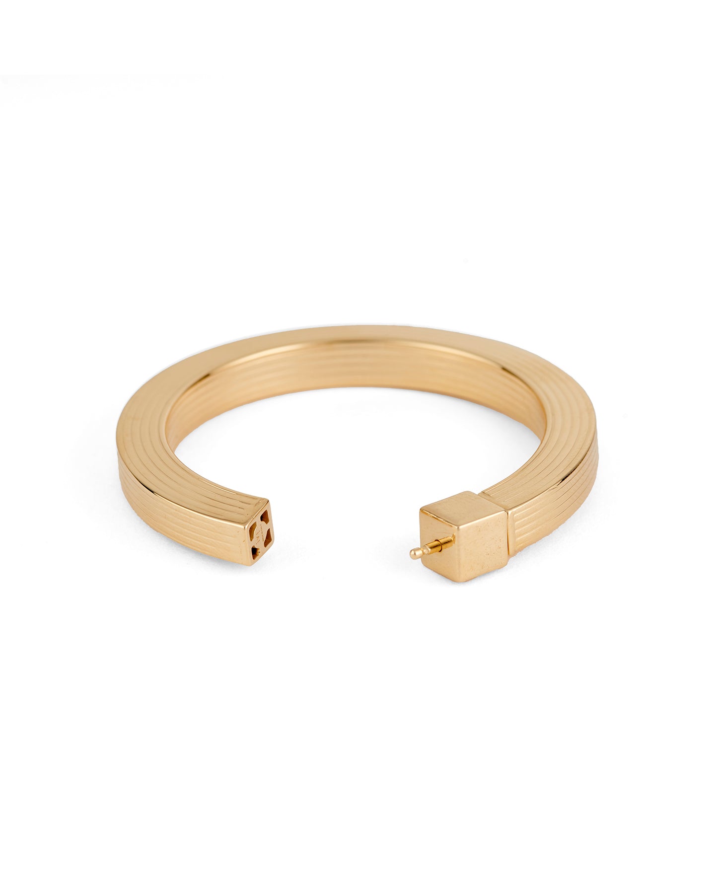 A gold-plated hoop earring with a square post, displayed against a white background.