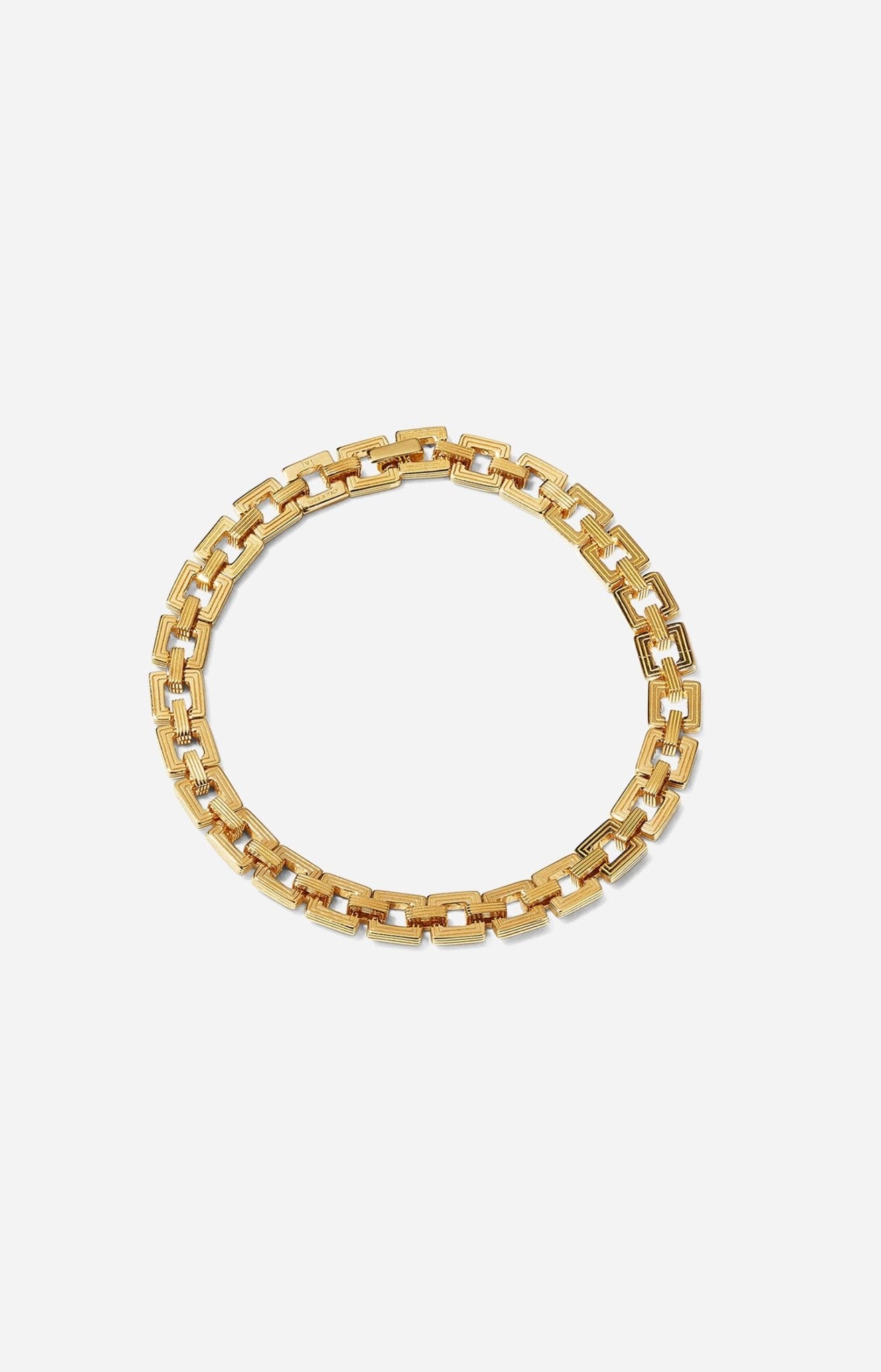 A gold-plated Aurelia Chain bracelet with interlocking square links displayed on a white background.