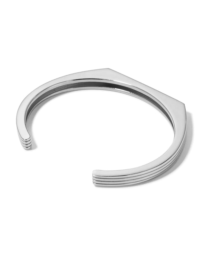 A rhodium-plated cuff bracelet with a sleek, modern design displayed on a white background. 