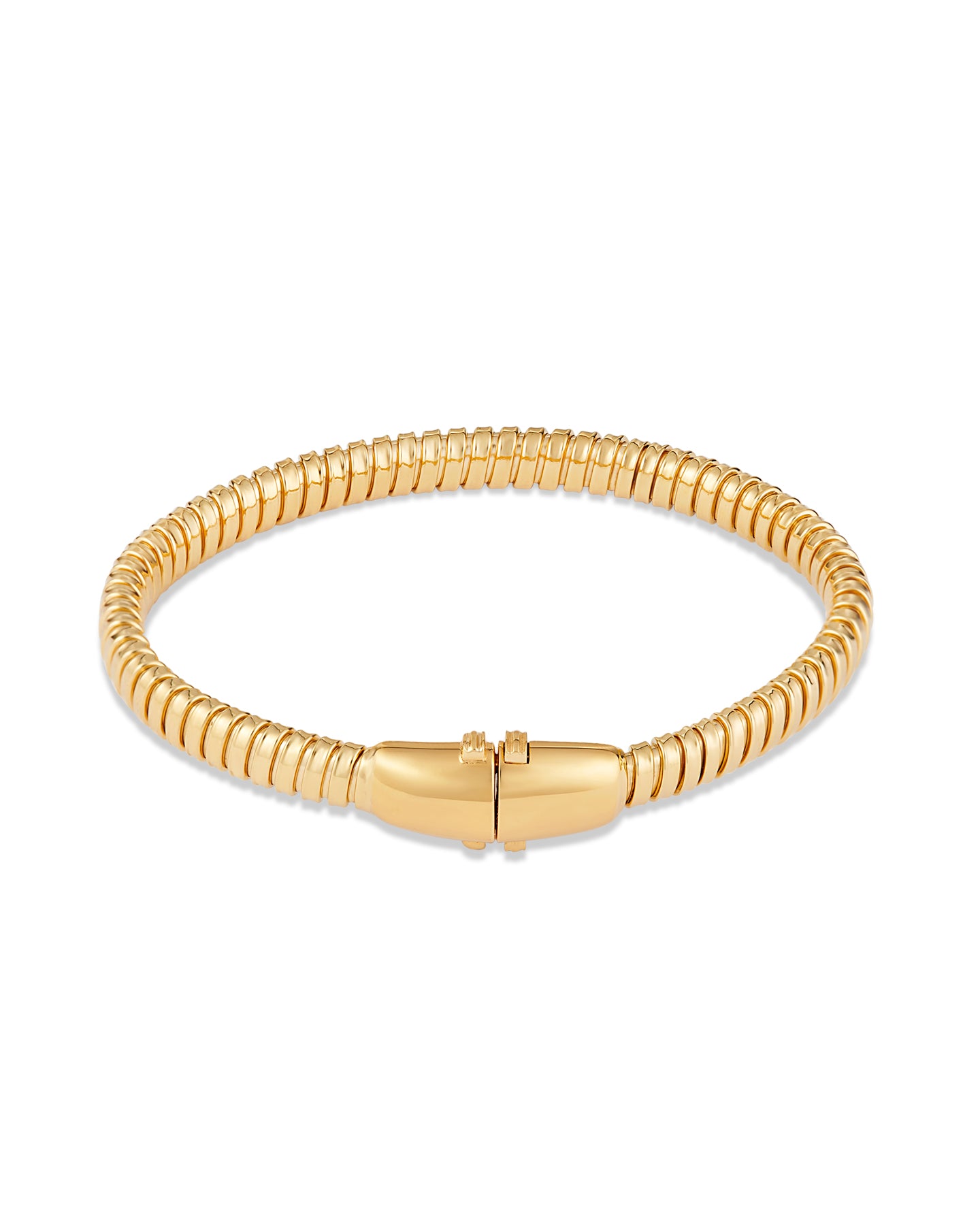 Gold-plated tubogas bracelet with a flexible ribbed design and concealed clasp on a white background.