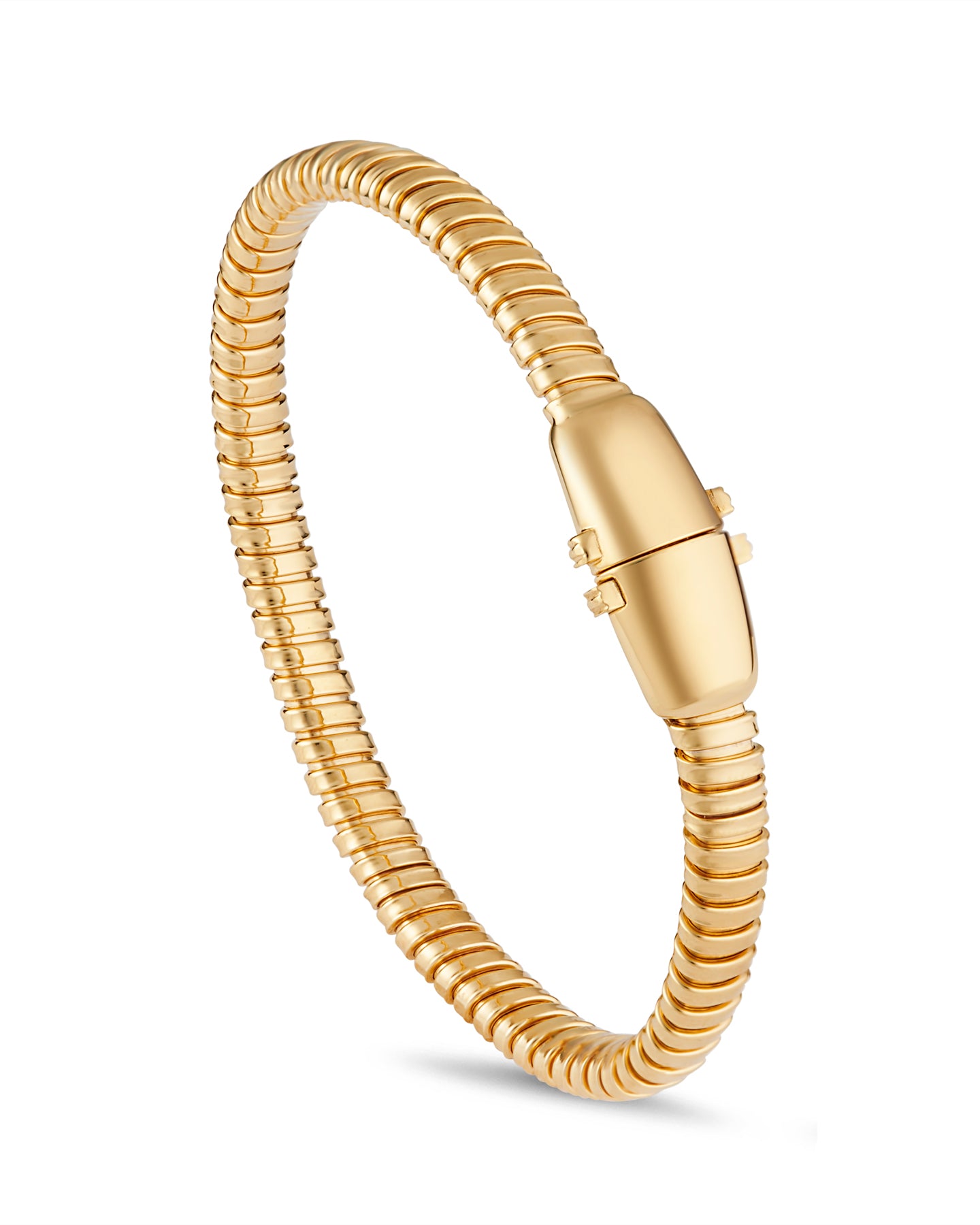 Gold-plated tubogas bracelet with a flexible ribbed design and concealed clasp on a white background.