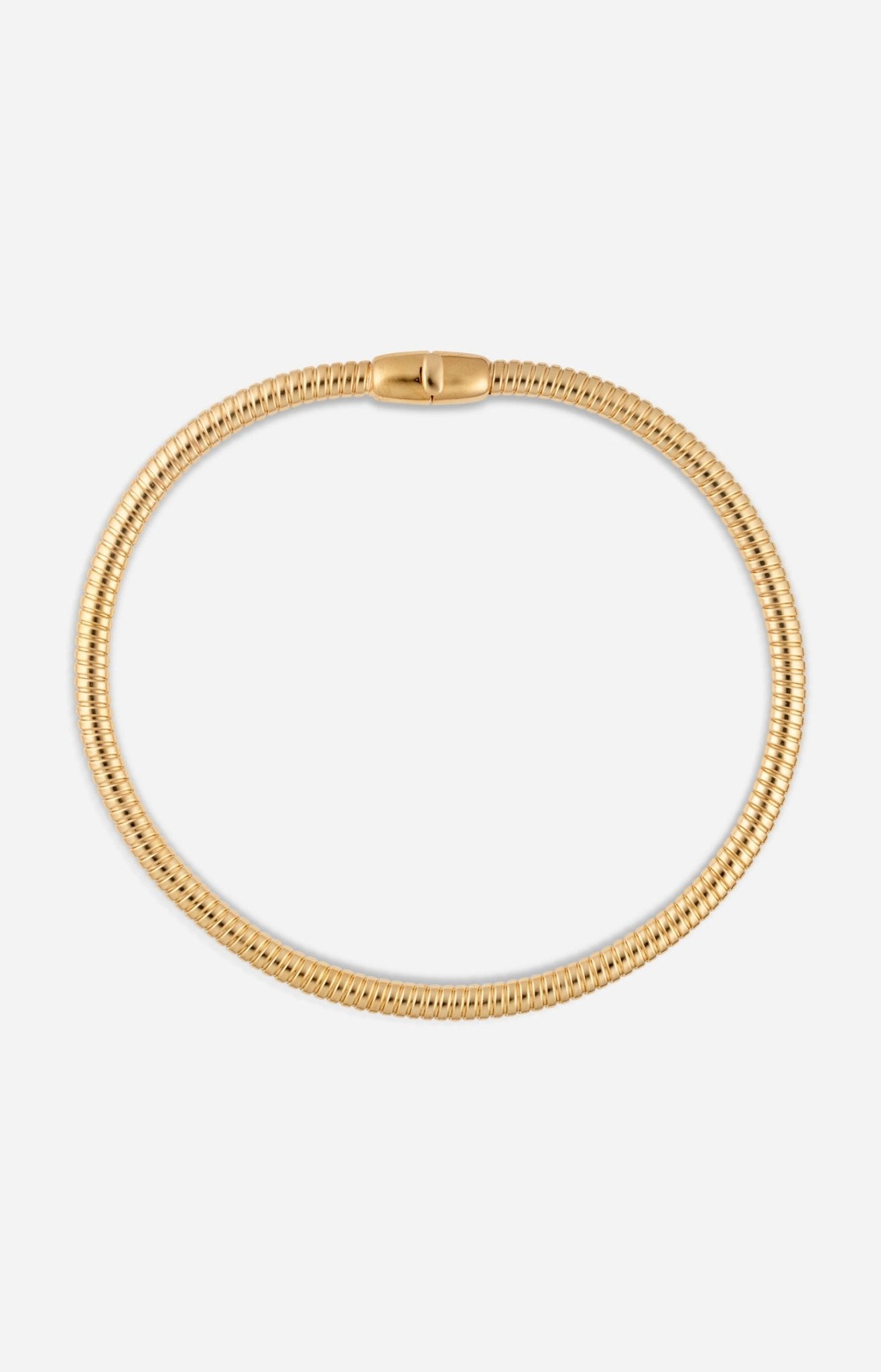 Gold-plated tubogas necklace with a flexible ribbed design and concealed clasp on a white background.