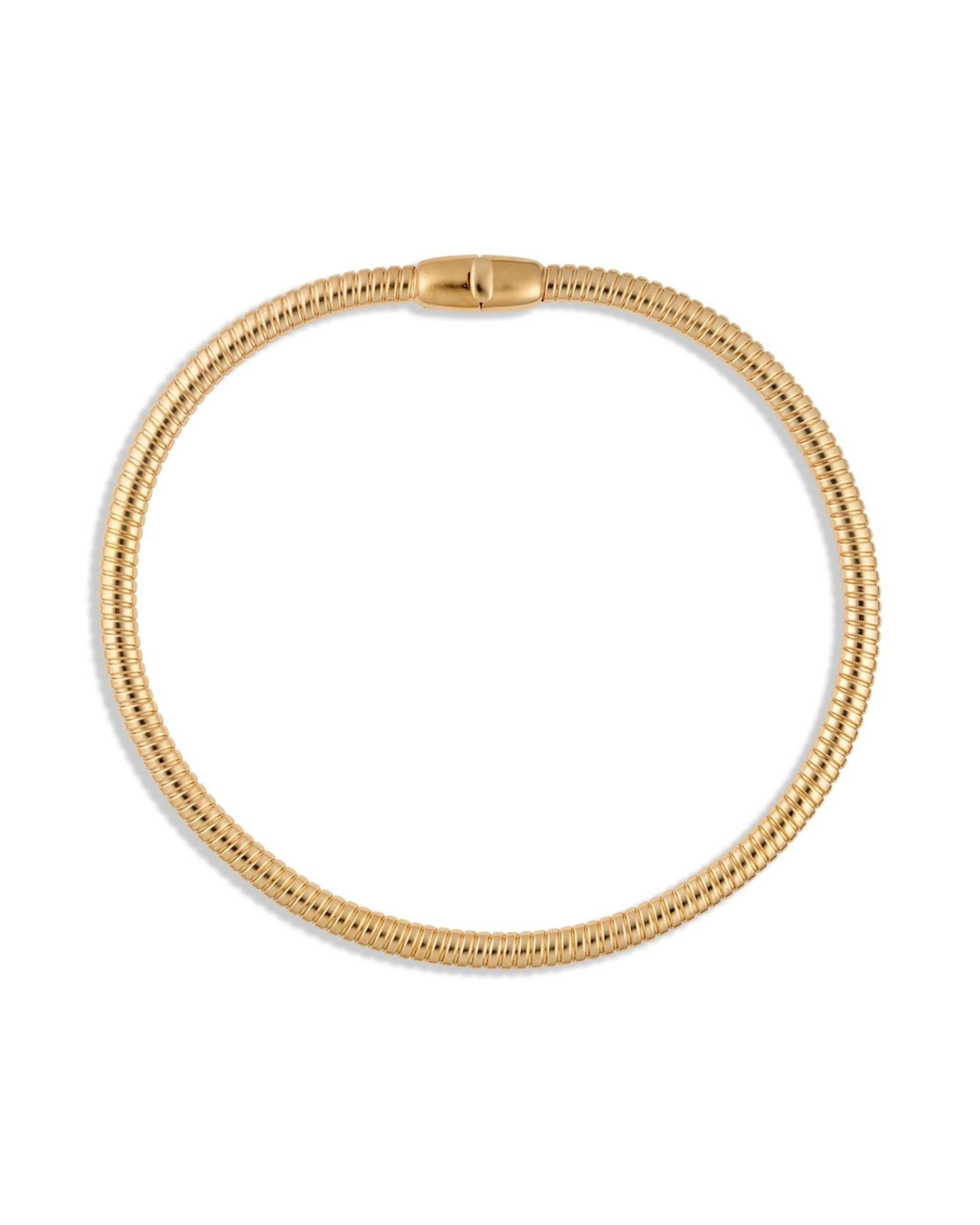 Gold-plated tubogas necklace with a flexible ribbed design and concealed clasp on a white background.