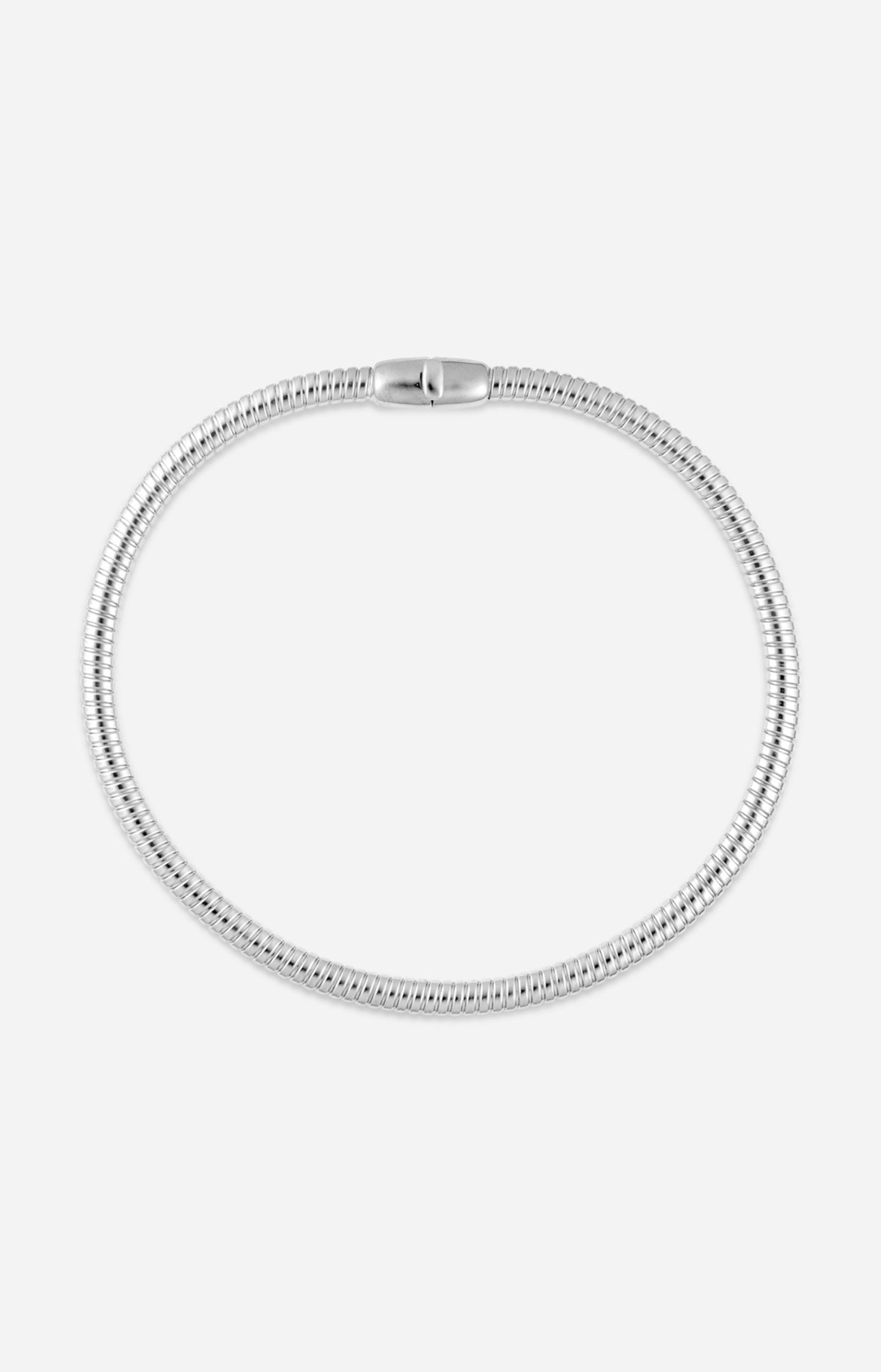 Rhodium-plated tubogas necklace with a flexible ribbed design and concealed clasp on a white background.