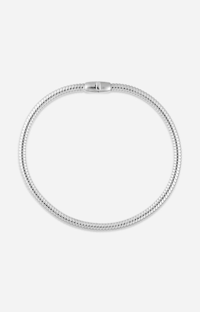 Rhodium-plated tubogas necklace with a flexible ribbed design and concealed clasp on a white background.