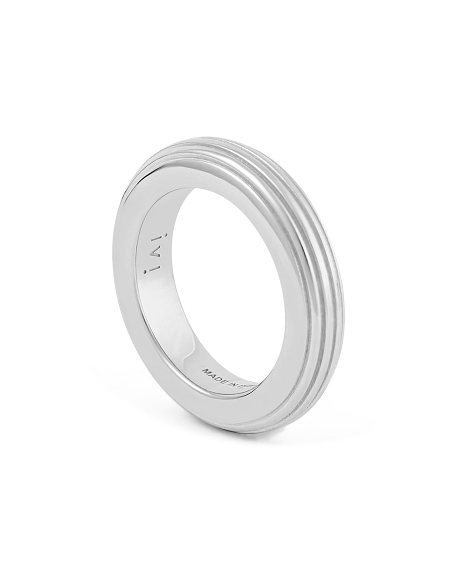 A rhodium-plated, round-shaped ring with linear engravings on a white background.