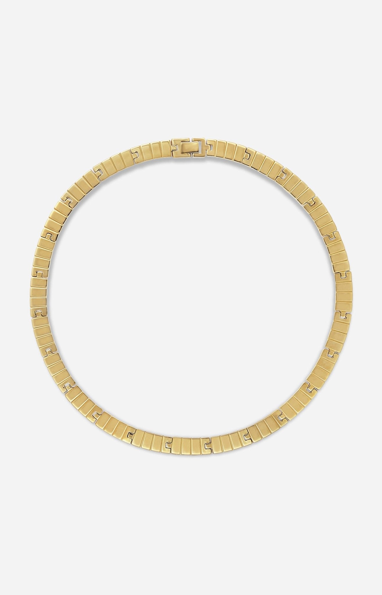 A gold-plated slot chain necklace on a white background