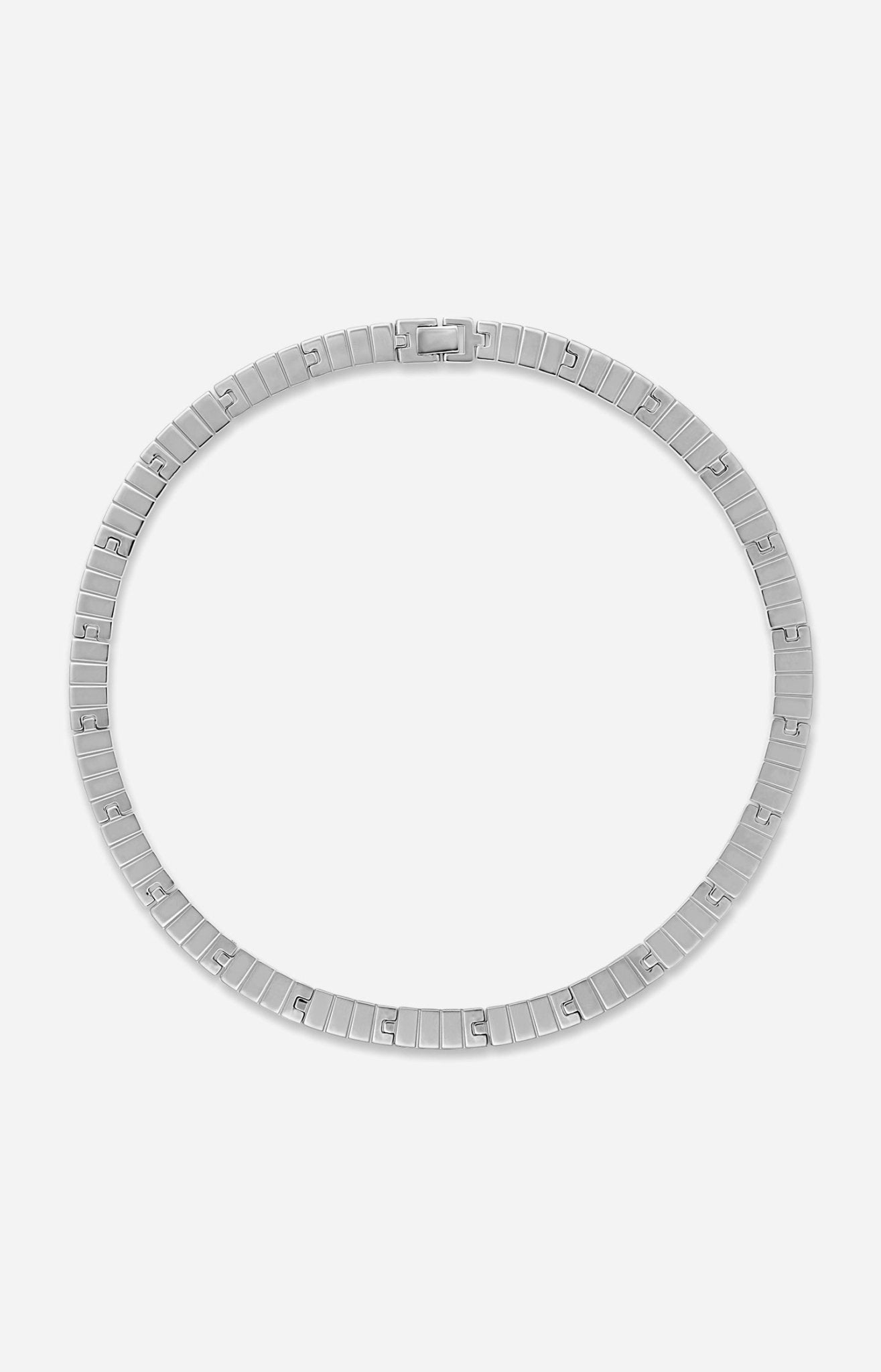 A rhodium-plated slot chain necklace with a custom clasp, laid out on a plain background.