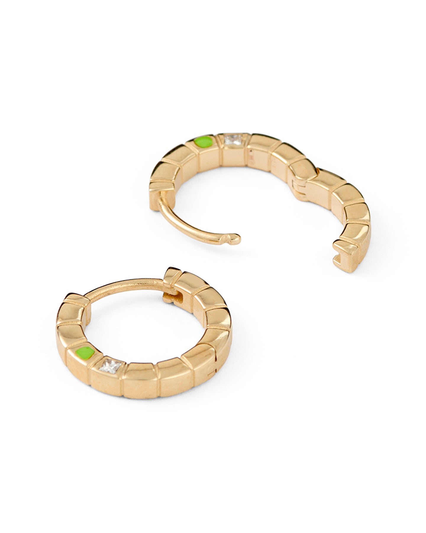 Pair of gold-plated Mini Signore hoop earrings with green enamel and diamond detail on a white background.
