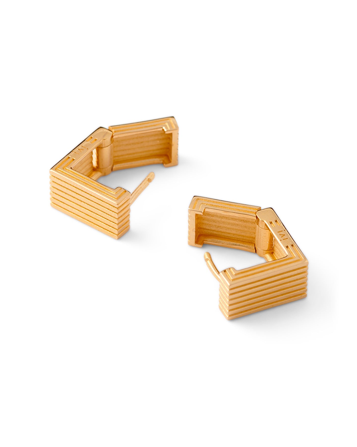 Pair of gold-plated Mini Wide Aurelia sculptural square hoop earrings on a white background.
