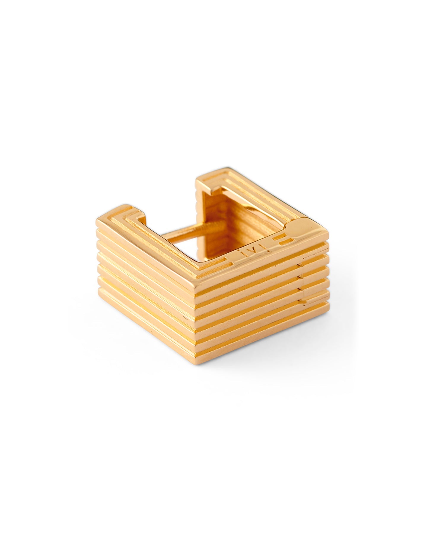 A gold-plated Mini Wide Aurelia sculptural square hoop earring on a white background.