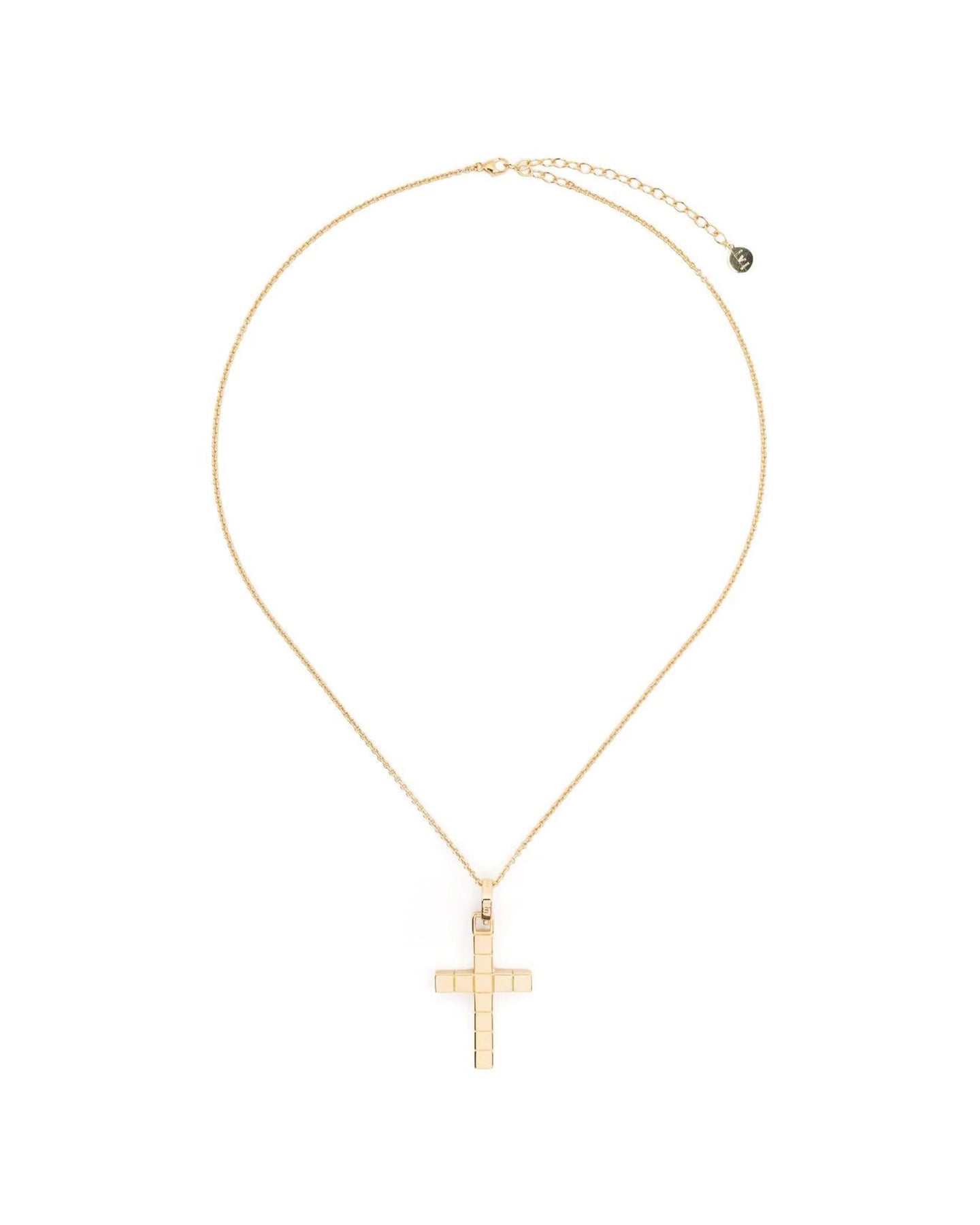 A gold-plated cross necklace with a custom chain against a white background. 