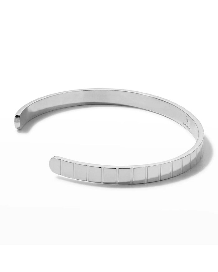 A rhodium-plated single slot cuff bracelet with a grooved profile on a white background.